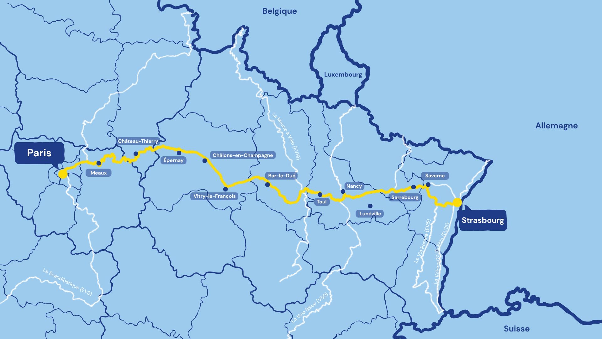 Carte illustrative de l'itinéraire de La Bicycl'Est, de Paris à Strasbourg, avec les villes-étapes, les véloroutes croisées et les pays voisins